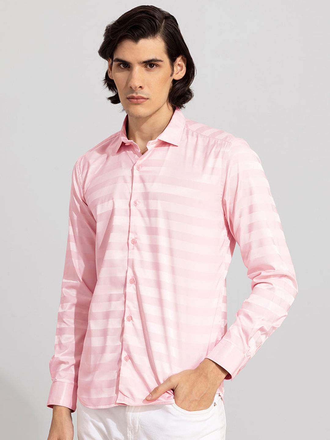 

Snitch Pink Horizontal Stripes Slim Fit Cotton Casual Shirt