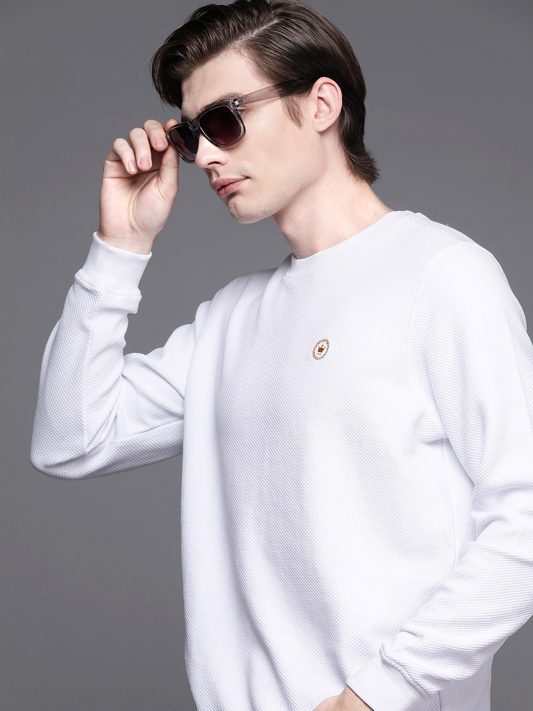 

Louis Philippe Self Design Minimal Logo Embroidered Sweatshirt, White