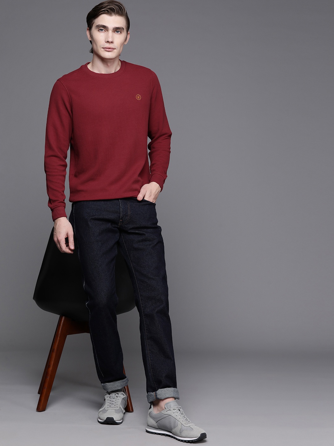 

Louis Philippe Self Design Minimal Logo Embroidered Sweatshirt, Maroon
