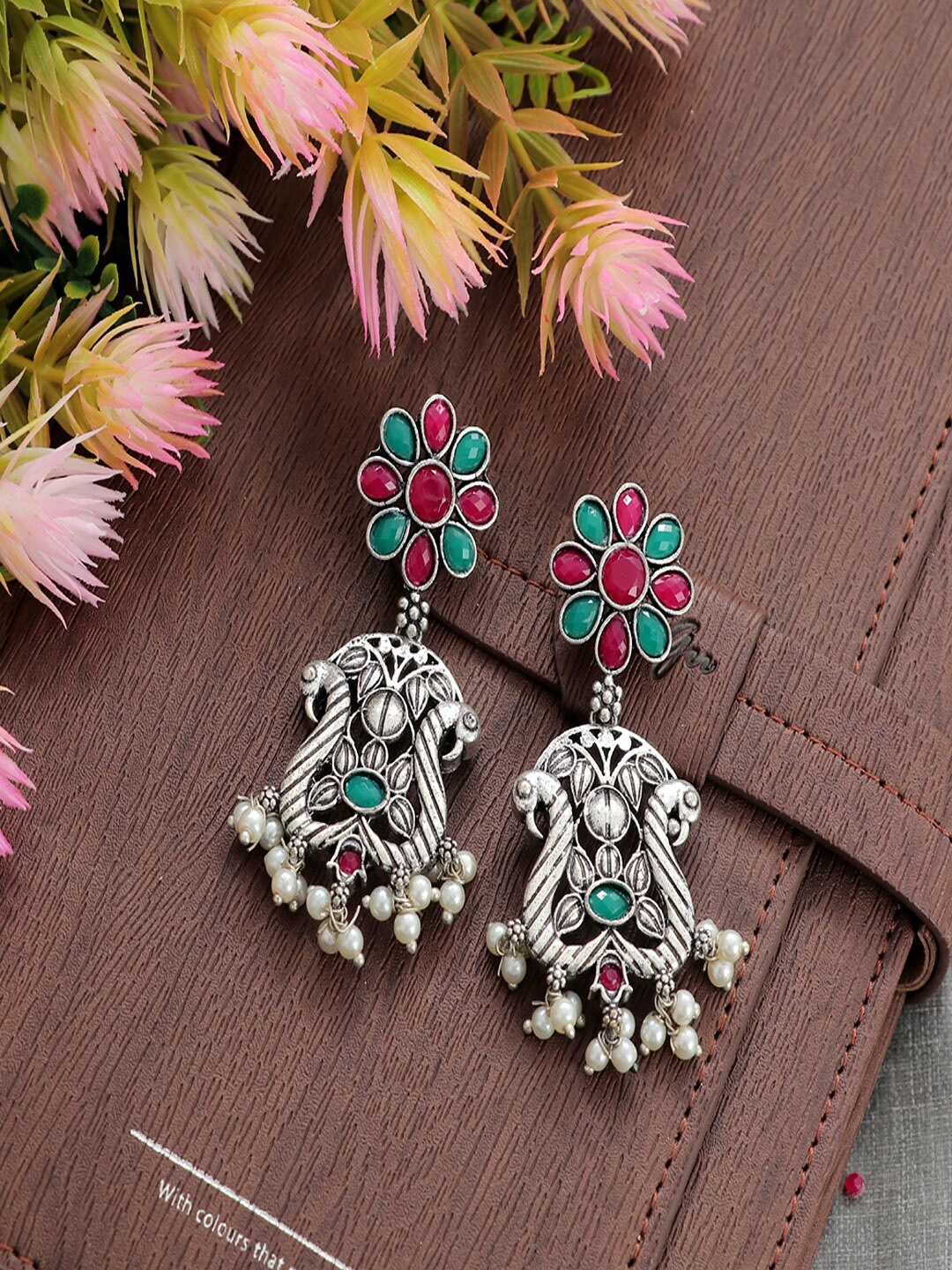 

UNIVERSITY TRENDZ Silver-Plated Stone-Studded Peacock Shaped Drop Earrings