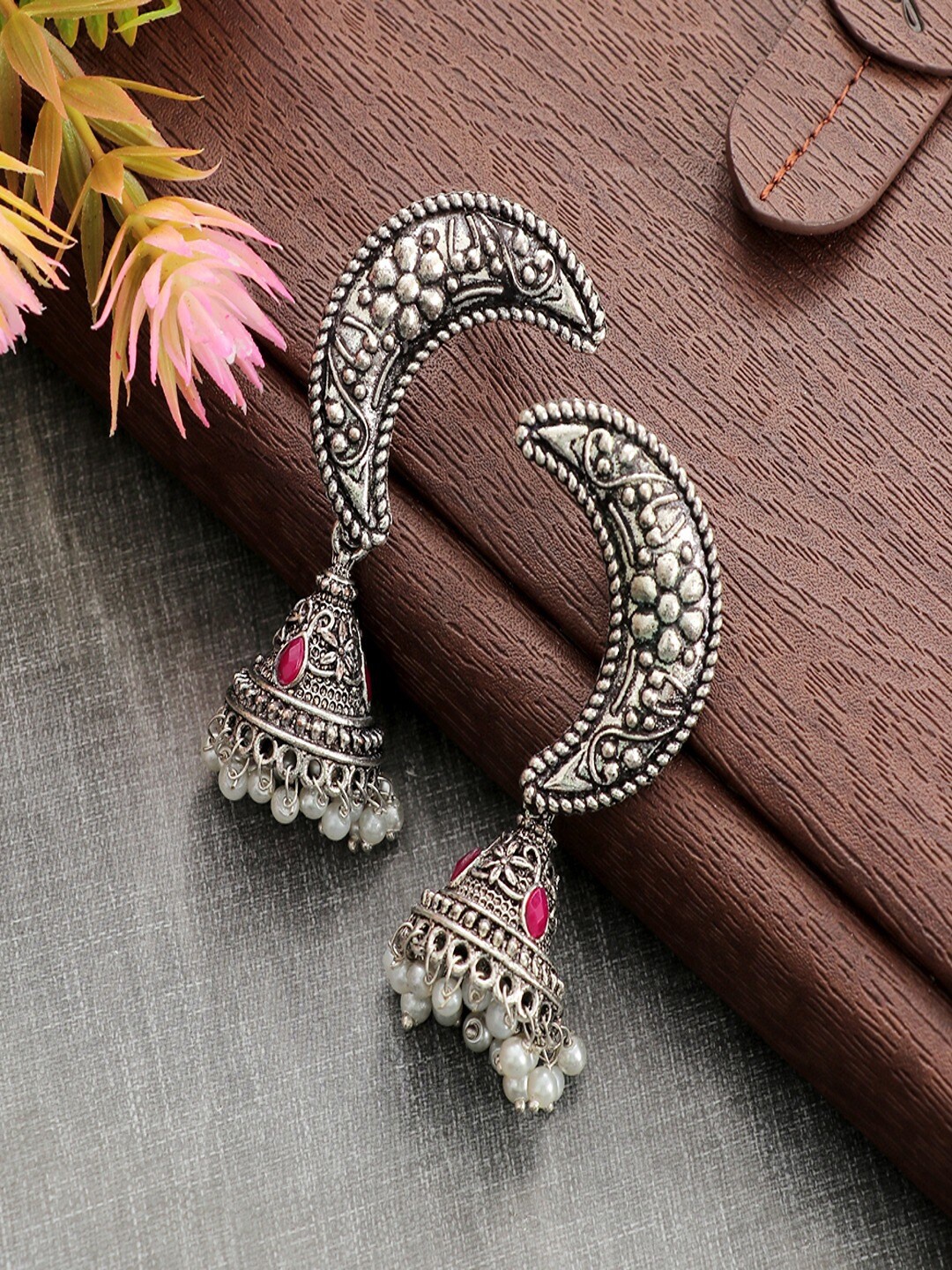 

UNIVERSITY TRENDZ Silver-Plated Stone-Studded Classic Jhumkas