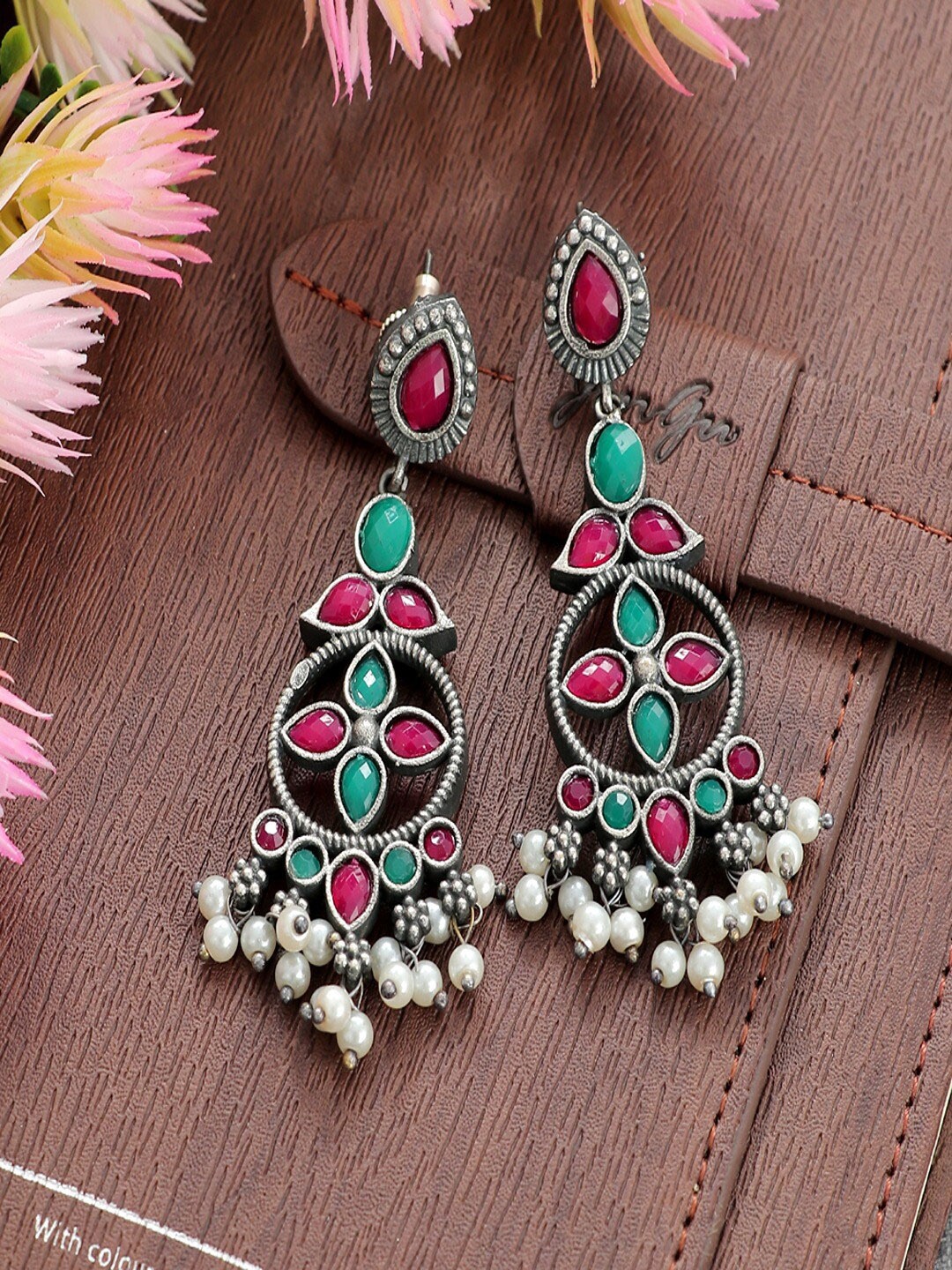 

UNIVERSITY TRENDZ Silver-Plated Stone-Studded Classic Drop Earrings