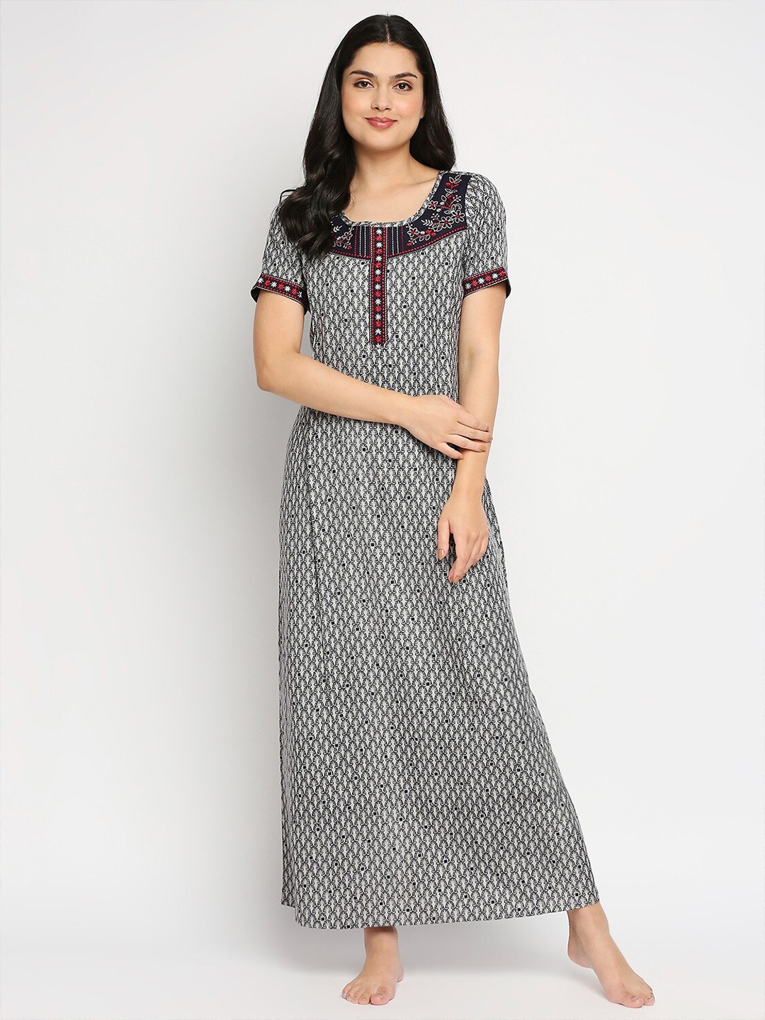 

True Shape Floral Embroidered Maxi Maternity Nightdress, Grey