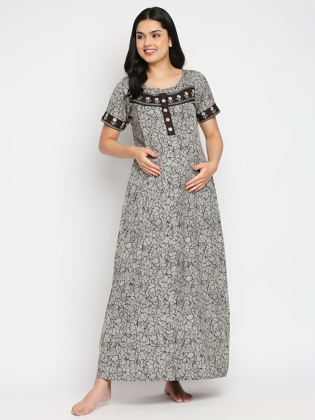 

True Shape Floral Embroidered Maxi Maternity Nightdress, Grey