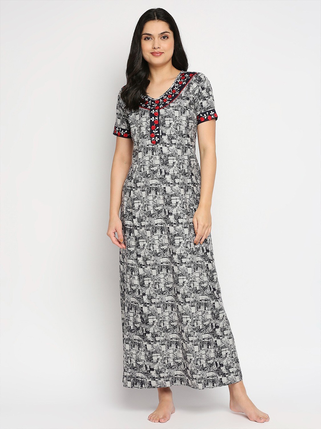 

True Shape Floral Printed Maxi Maternity Nightdress, Black