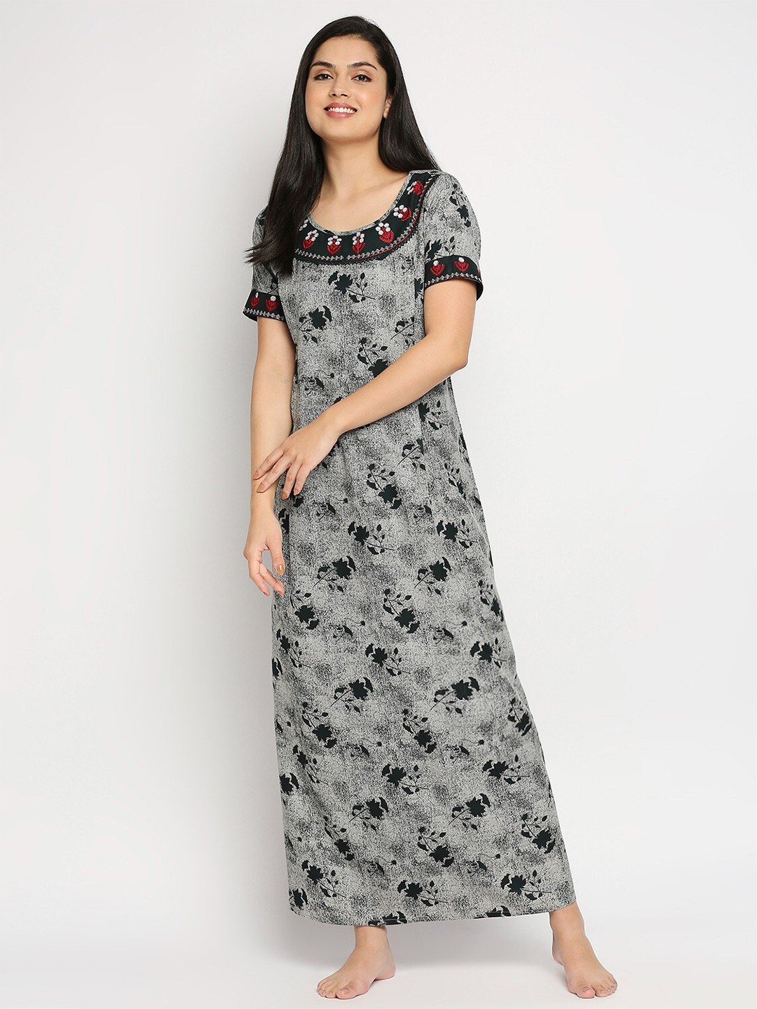 

True Shape Floral Printed Maxi Maternity Nightdress, Black