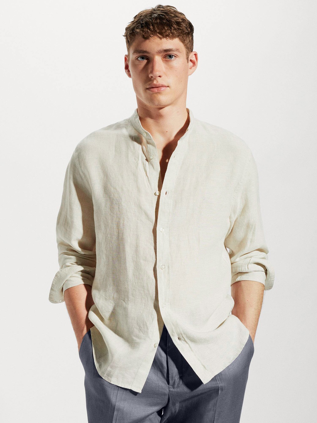 

MANGO MAN Linen Slim Fit Opaque Casual Shirt, Beige