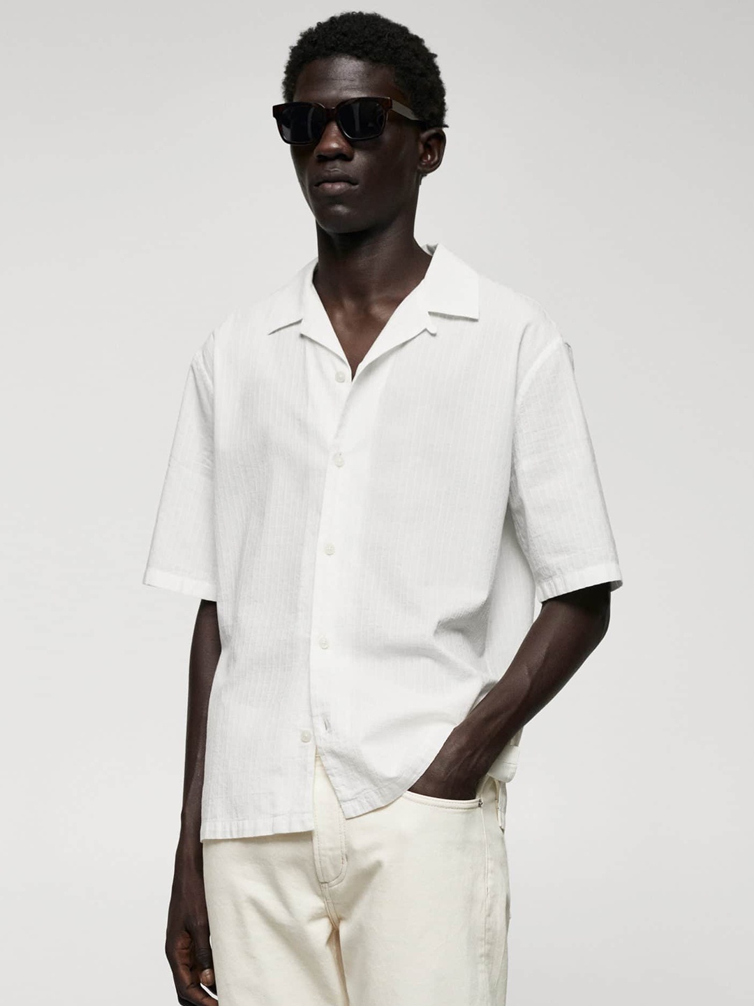 

MANGO MAN Embroidered Striped Cotton Casual Shirt, White