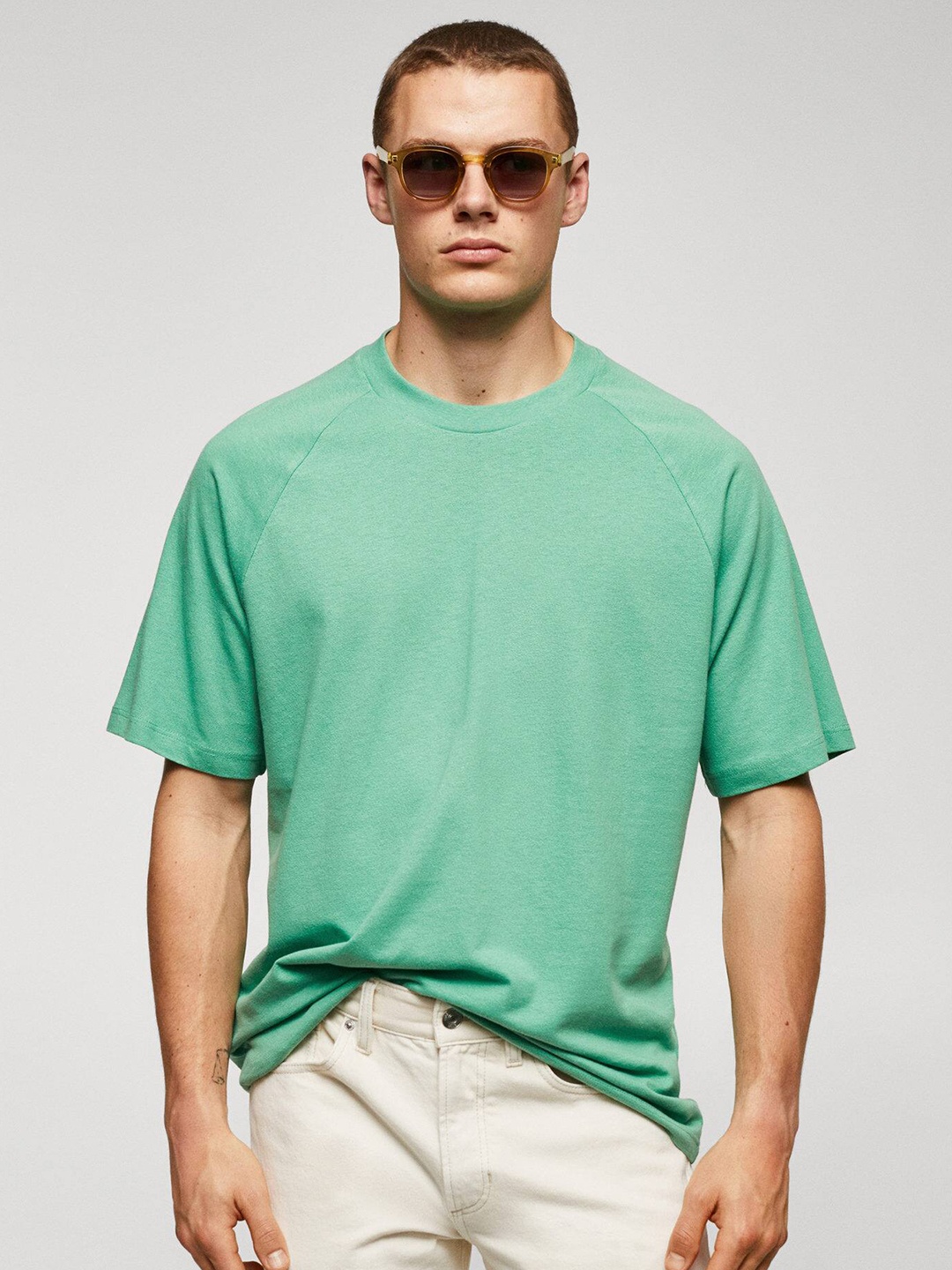 

MANGO MAN Relaxed Fit Cotton Linen T-shirt, Green