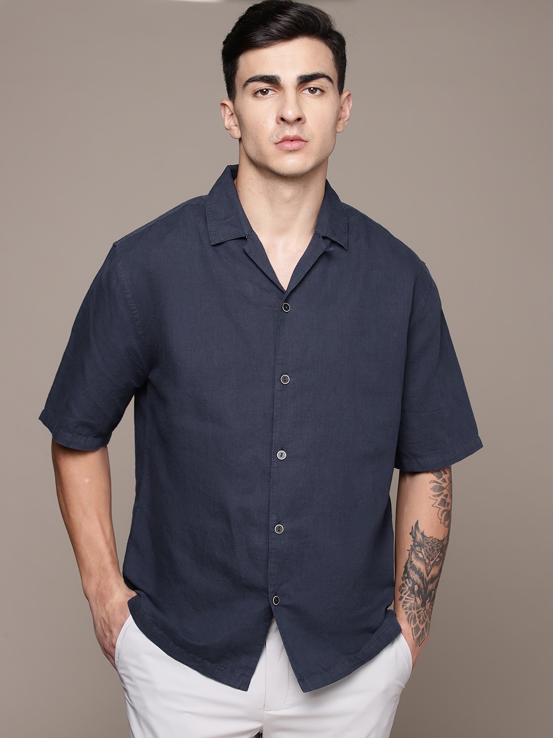 

MANGO MAN Cuban Collar Short Sleeves Casual Shirt, Navy blue