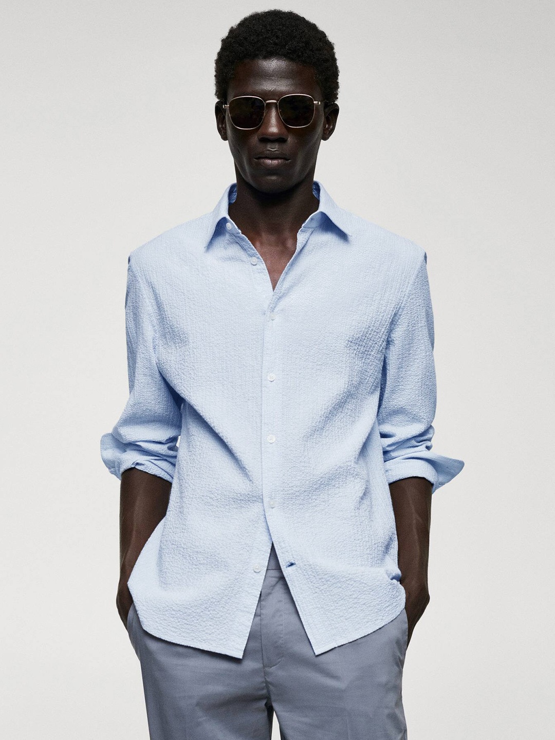 

MANGO MAN Cotton Seersucker Striped Casual Shirt, Blue