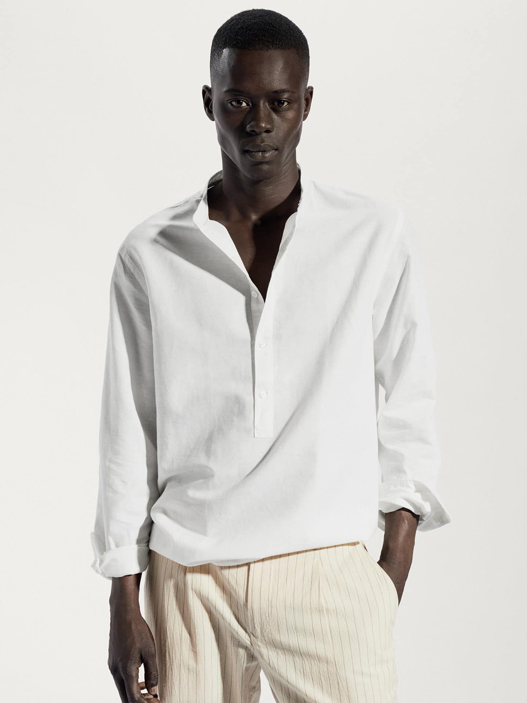 

MANGO MAN Linen Cotton Band Collar Casual Shirt, White