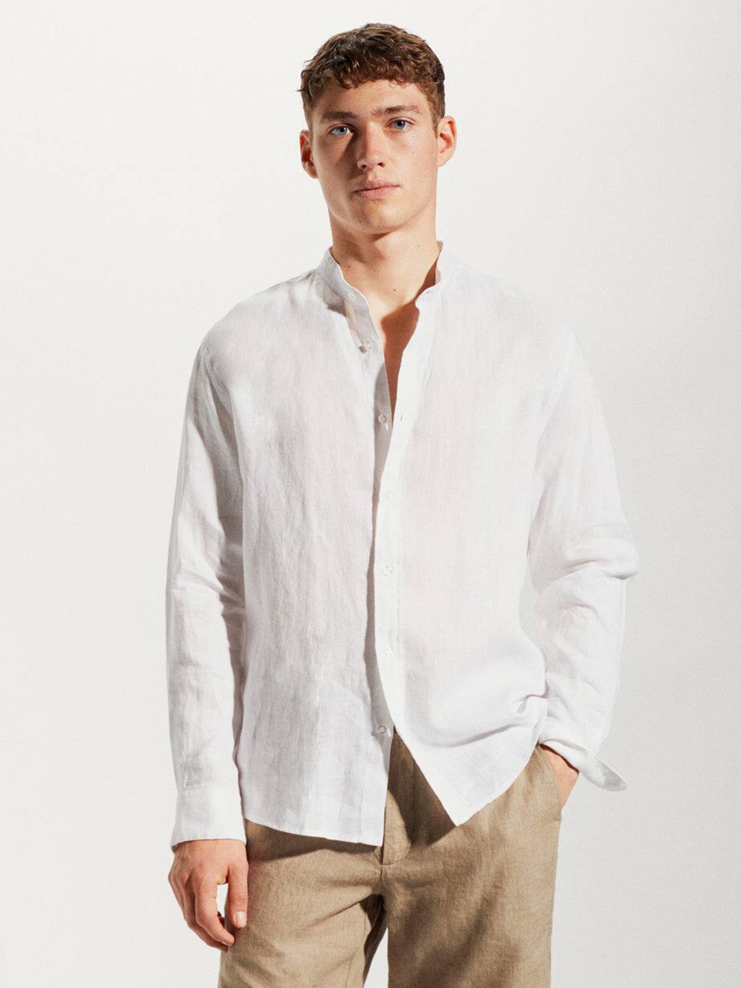 

MANGO MAN Linen Band Collar Casual Shirt, White
