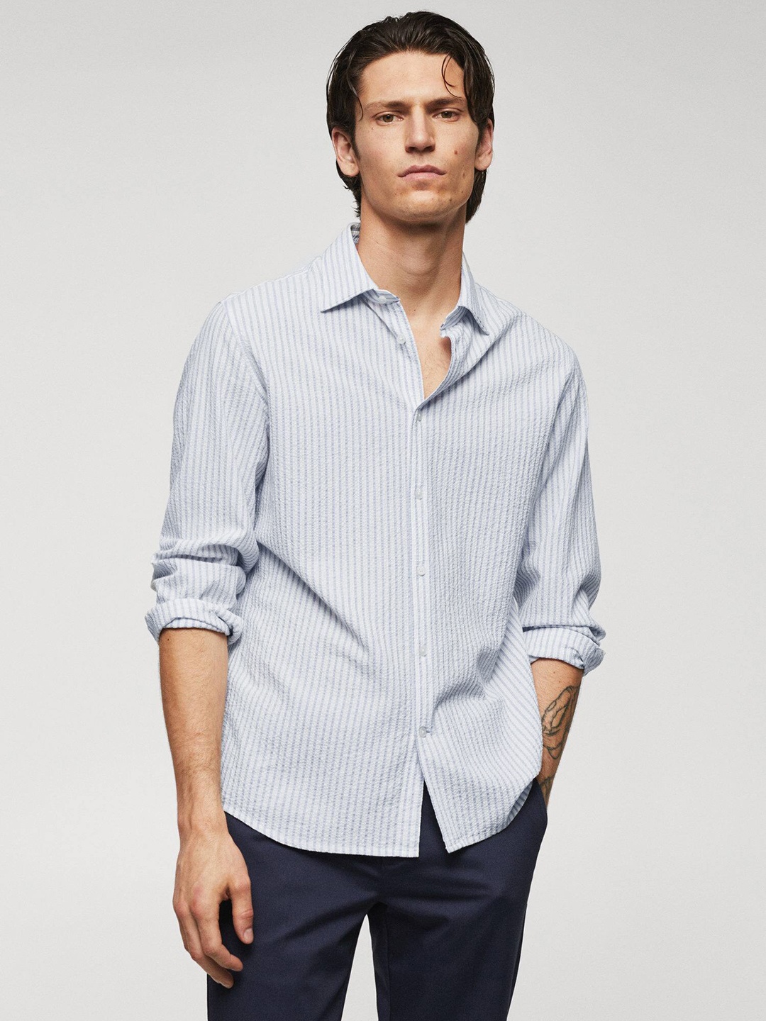 

MANGO MAN Pure Cotton Seersucker Striped Casual Shirt, White
