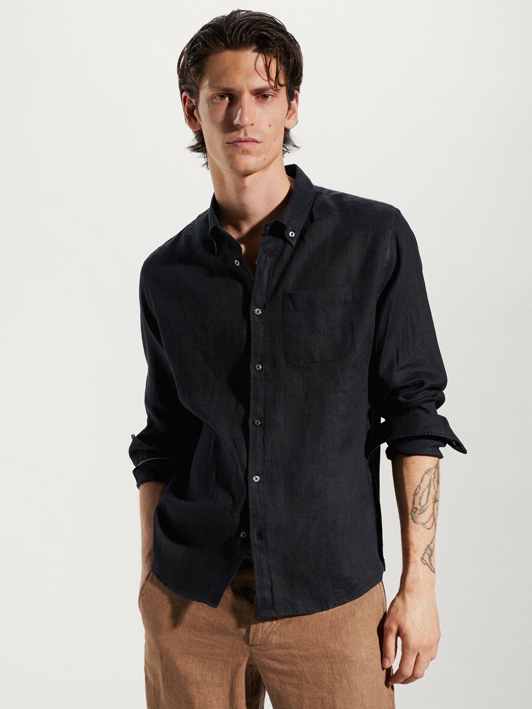 

MANGO MAN Linen Opaque Casual Shirt, Black