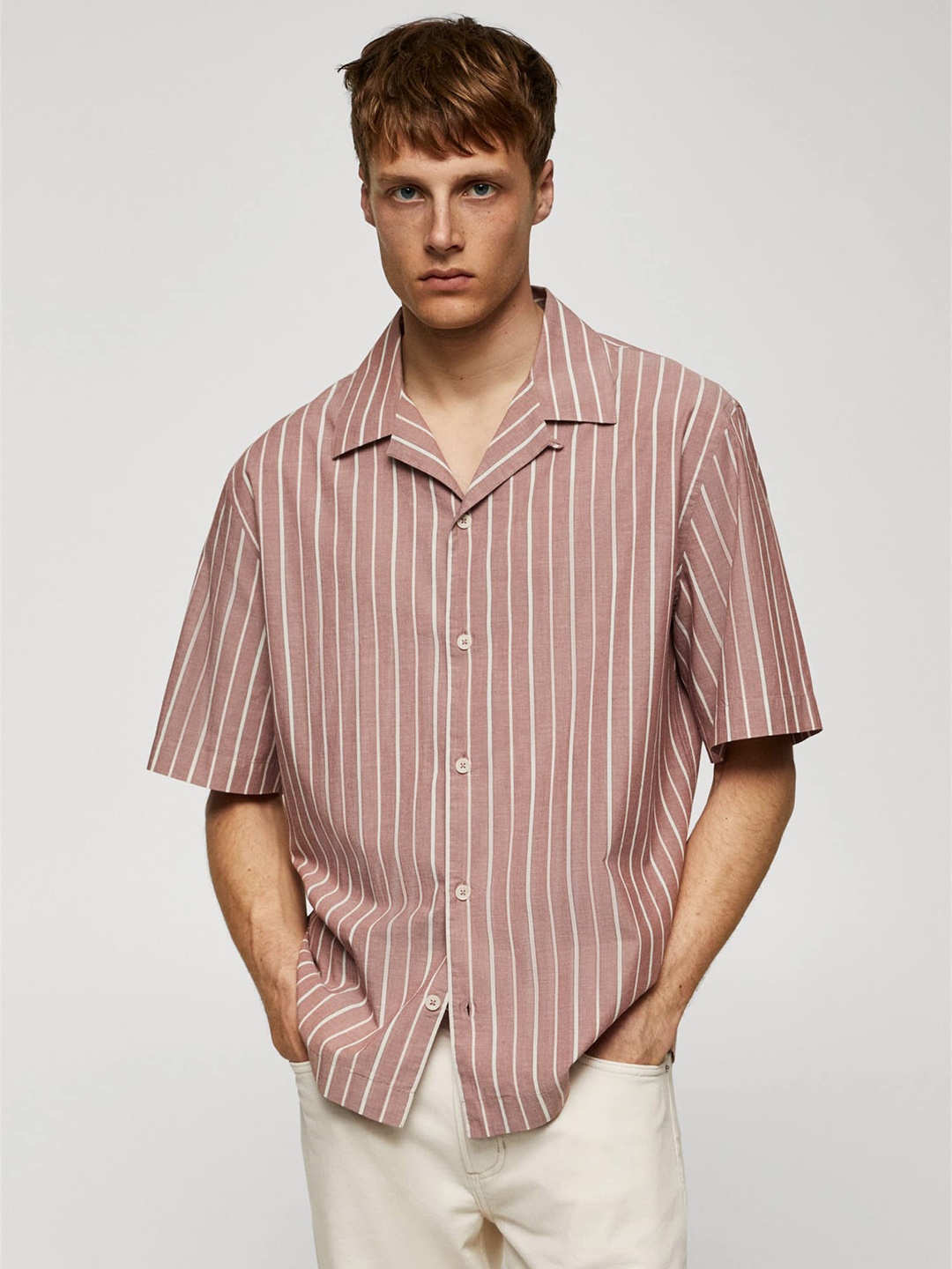 

MANGO MAN Cotton Cuban Collar Striped Casual Shirt, Rust