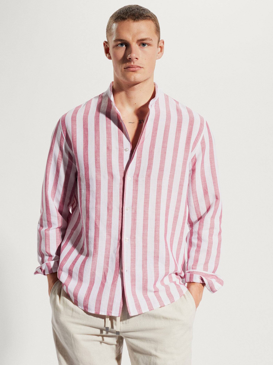 

MANGO MAN Linen Cotton Striped Casual Shirt, Pink