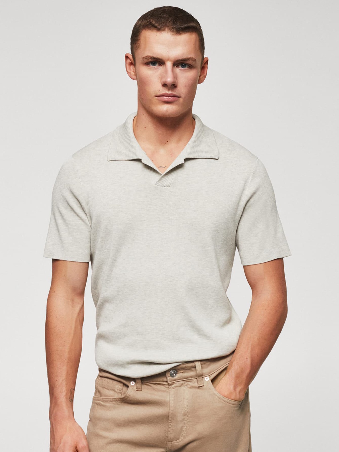 

MANGO MAN Knitted Polo Collar T-shirt, Grey melange