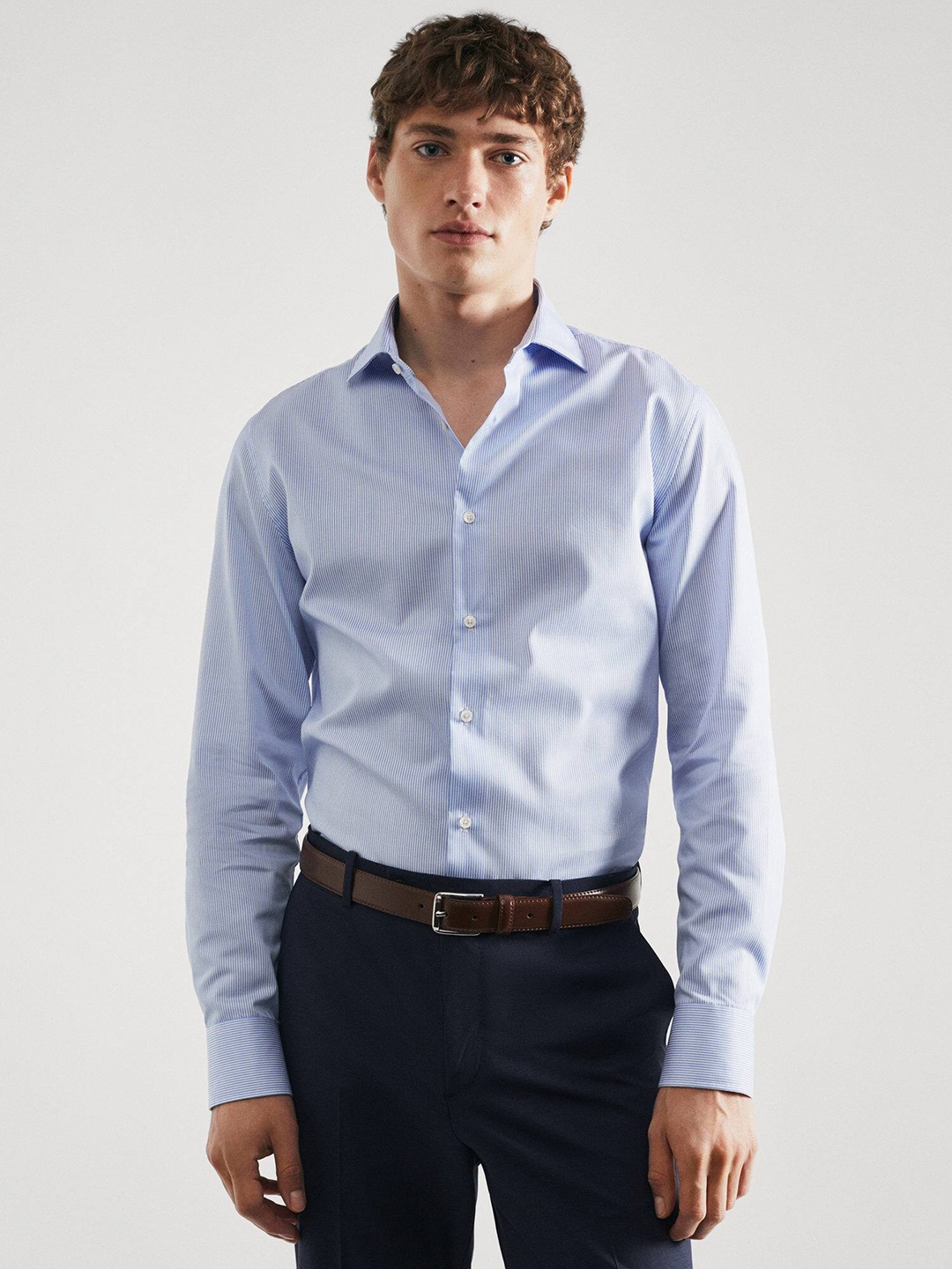 

MANGO MAN Cotton Pinstripes Opaque Formal Shirt, Blue
