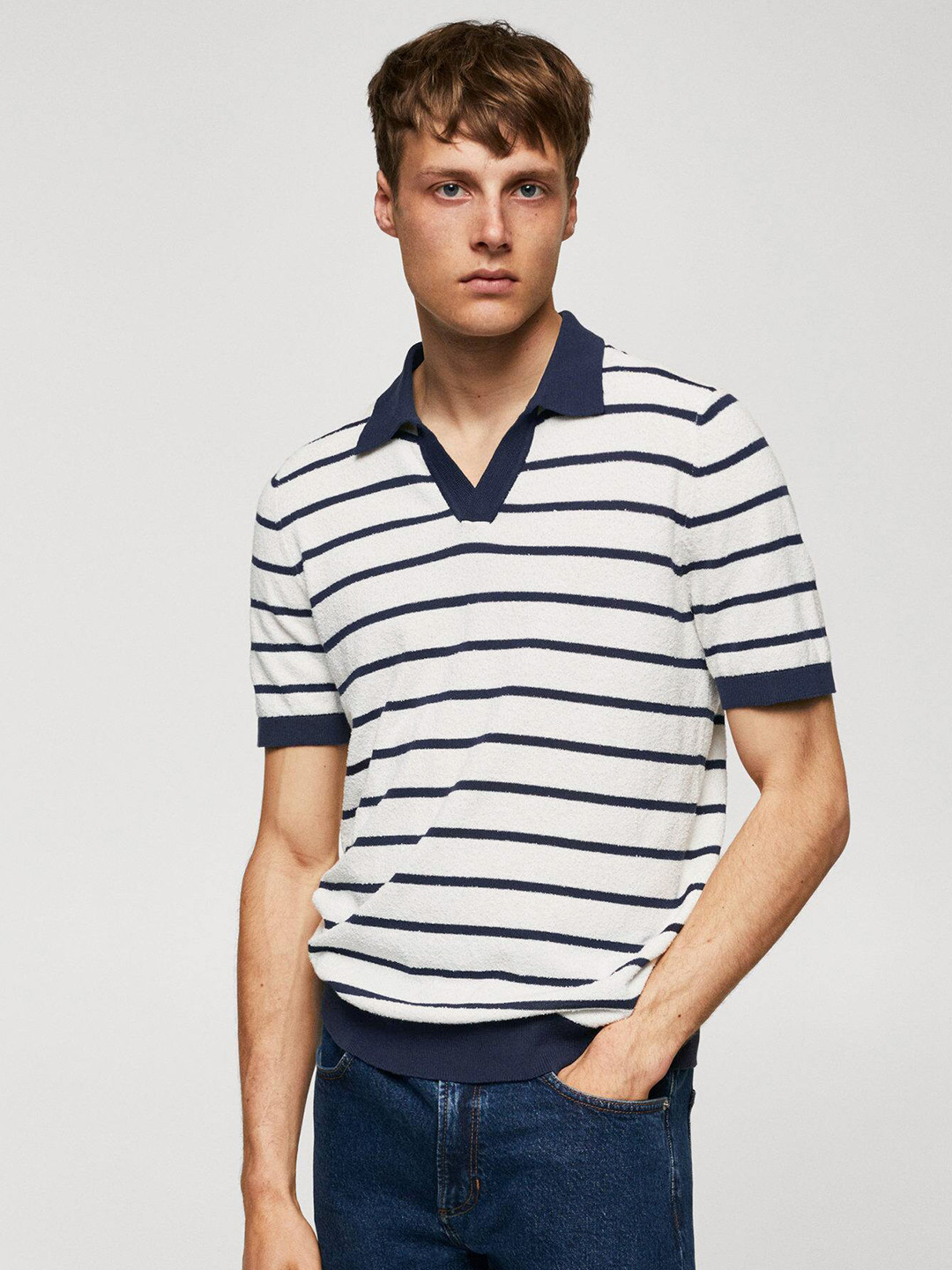 

MANGO MAN Terry Textured Striped Polo Collar T-shirt, Navy blue