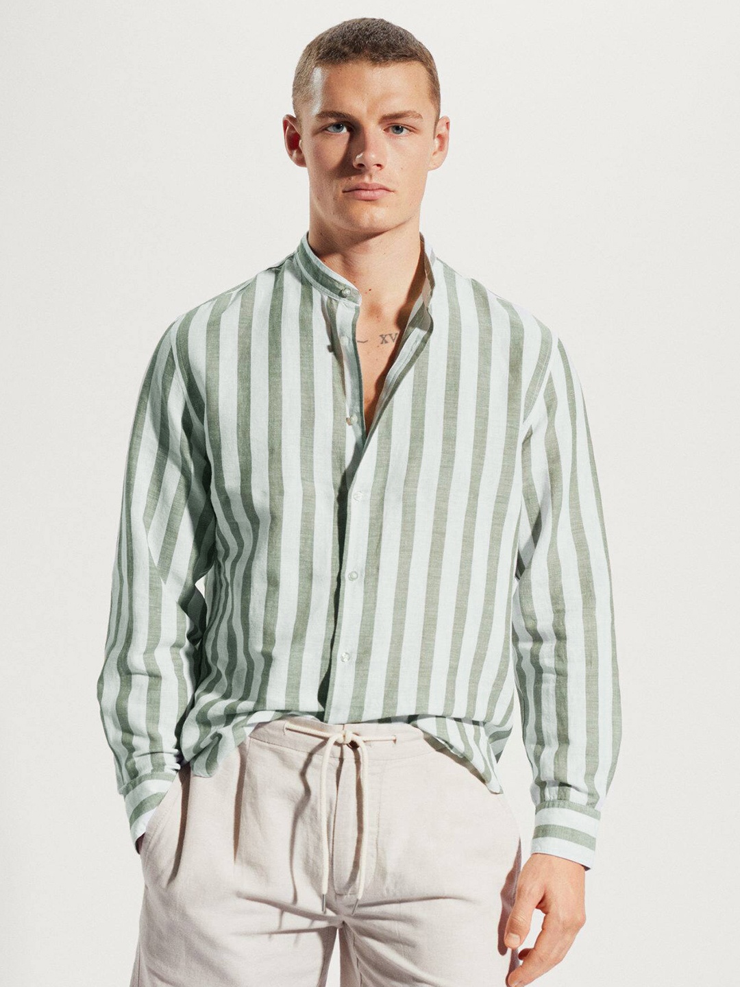 

MANGO MAN Linen Cotton Striped Casual Shirt, White