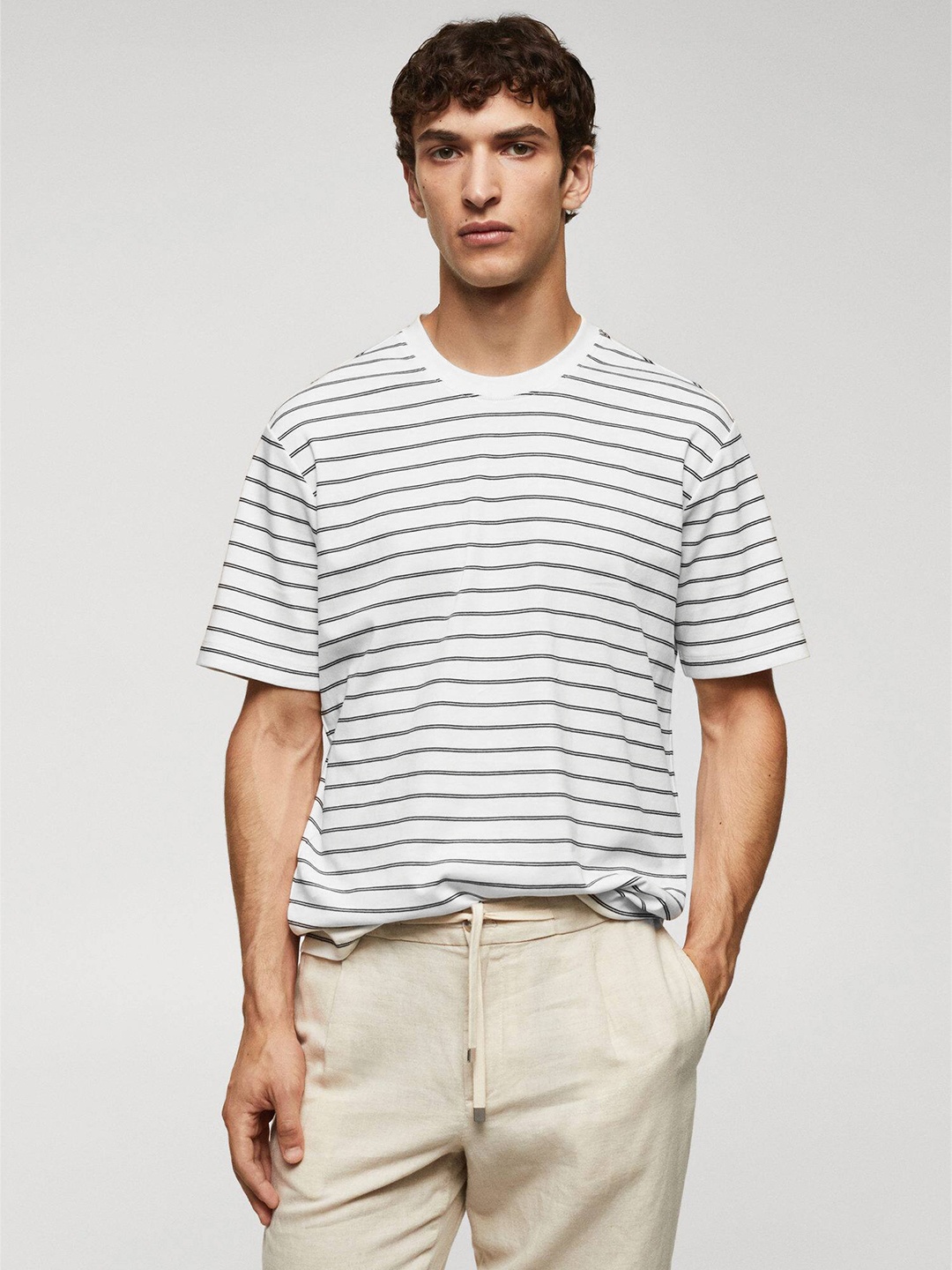 

MANGO MAN Striped Pure Cotton T-shirt, White