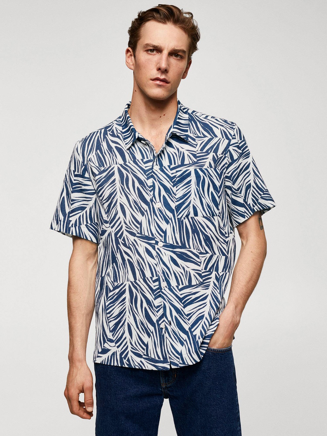 

MANGO MAN Cotton Tropical Printed Casual Shirt, Blue