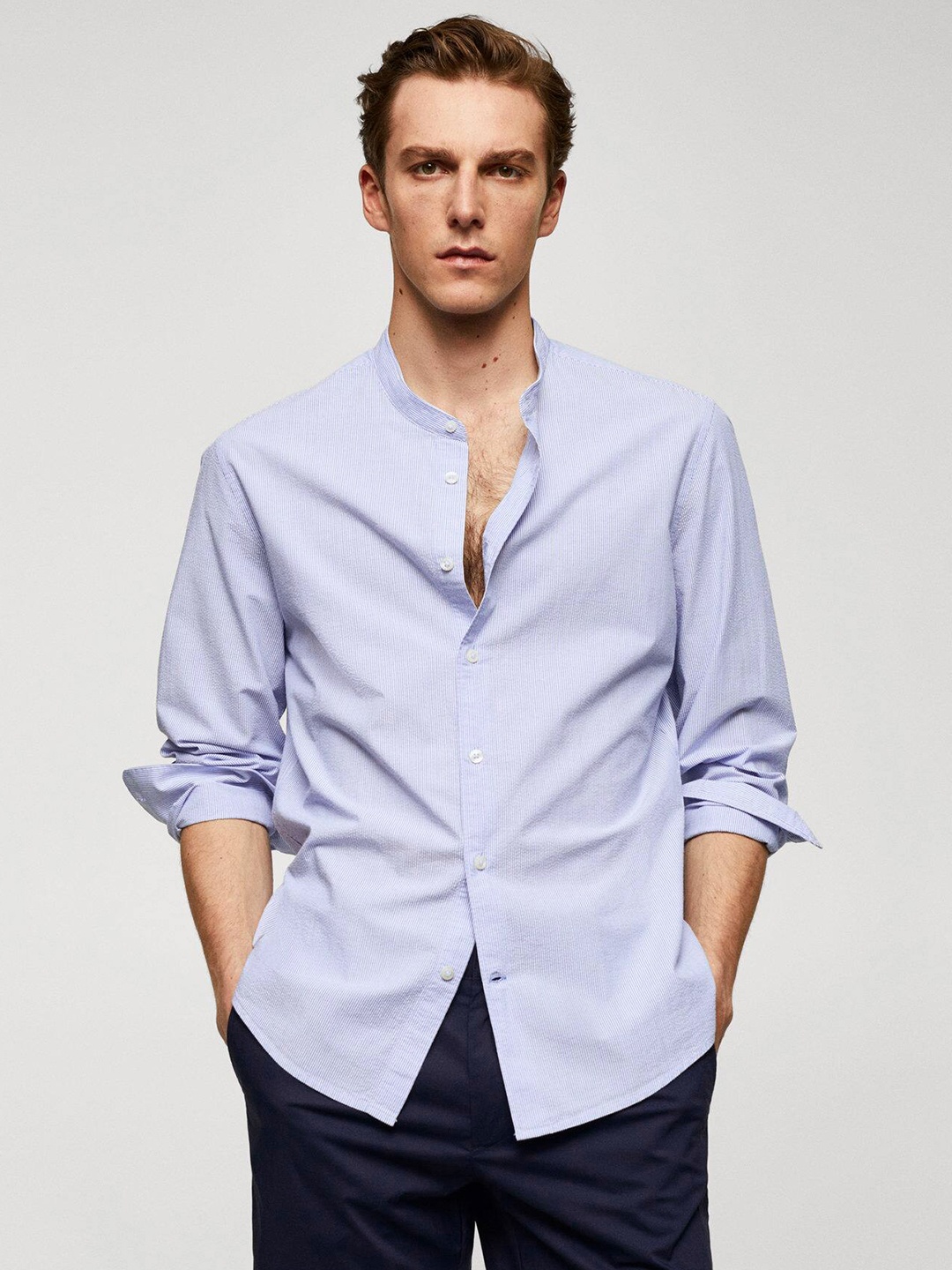

MANGO MAN Seersucker Pinstripes Opaque Striped Casual Shirt, Blue