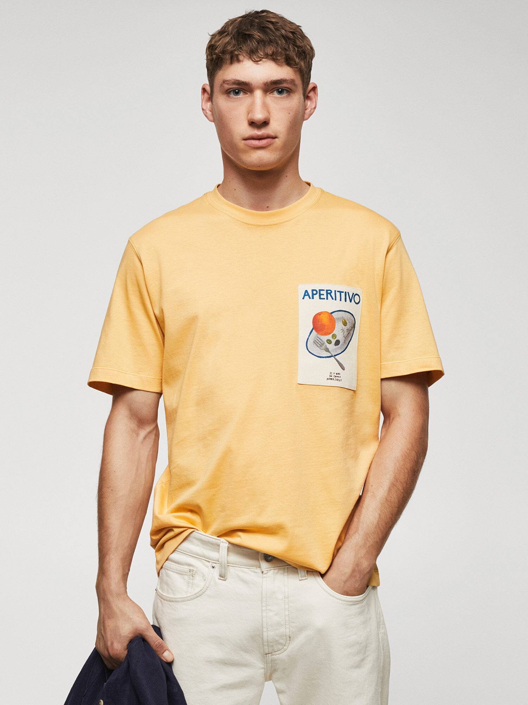 

MANGO MAN Printed Pure Cotton T-shirt, Yellow