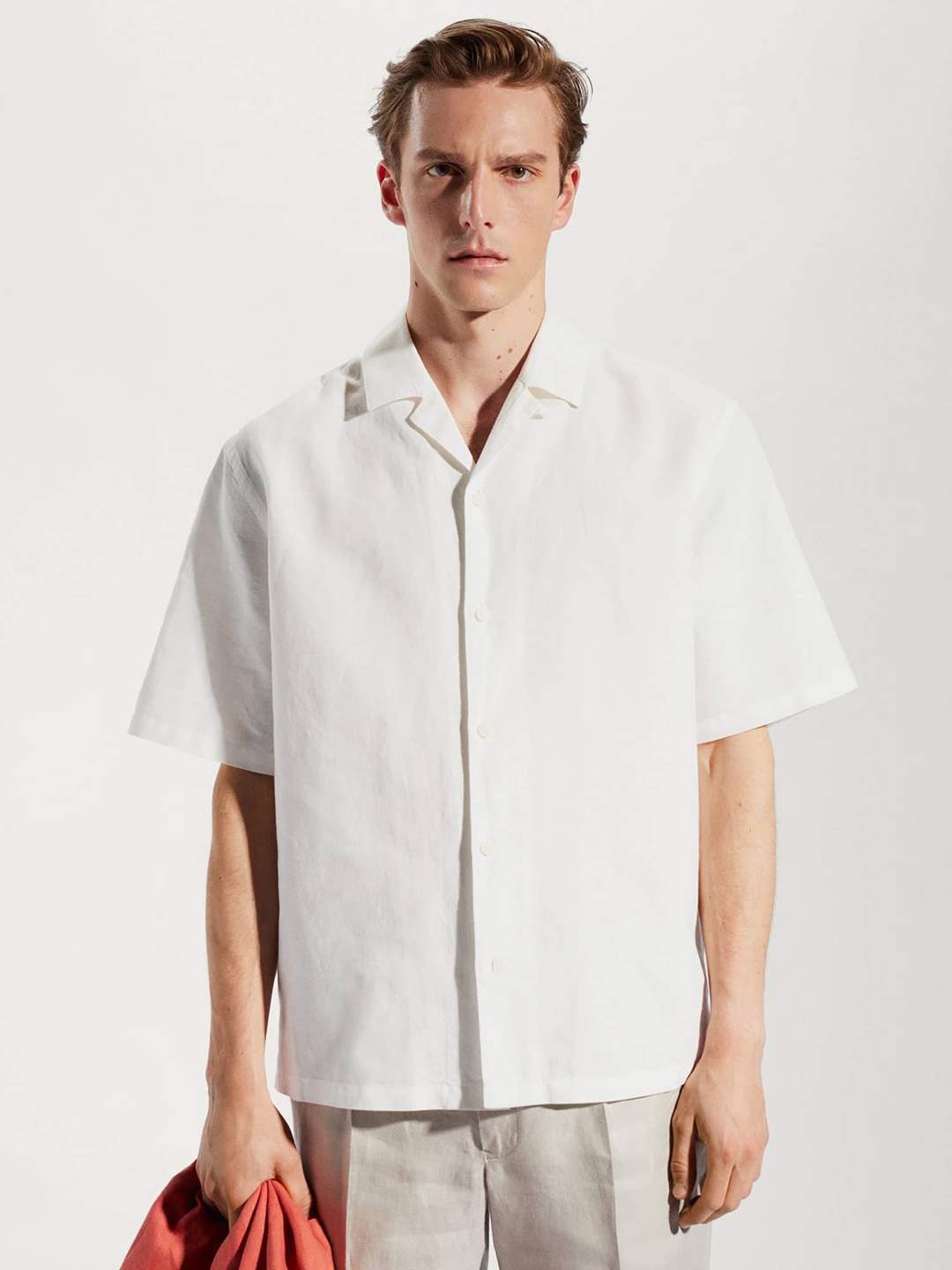 

MANGO MAN Linen Cotton Cuban Collar Casual Shirt, White