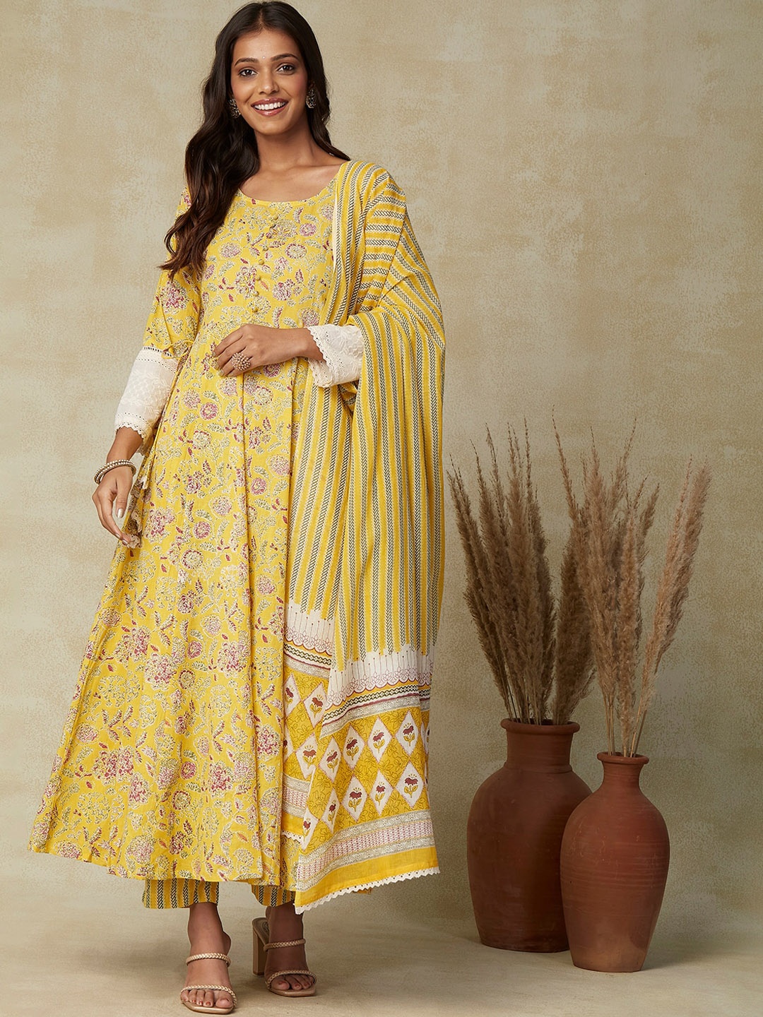 

FASHOR Yellow Floral Printed Round Neck Pure Cotton Kurta With Trousers & Dupatta