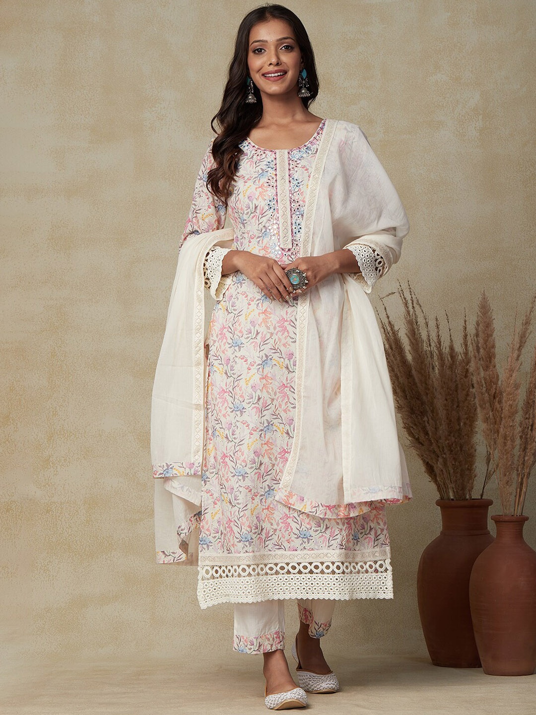 

FASHOR Off White Floral Printed Mirror Work Pure Cotton Kurta & Trousers with Dupatta