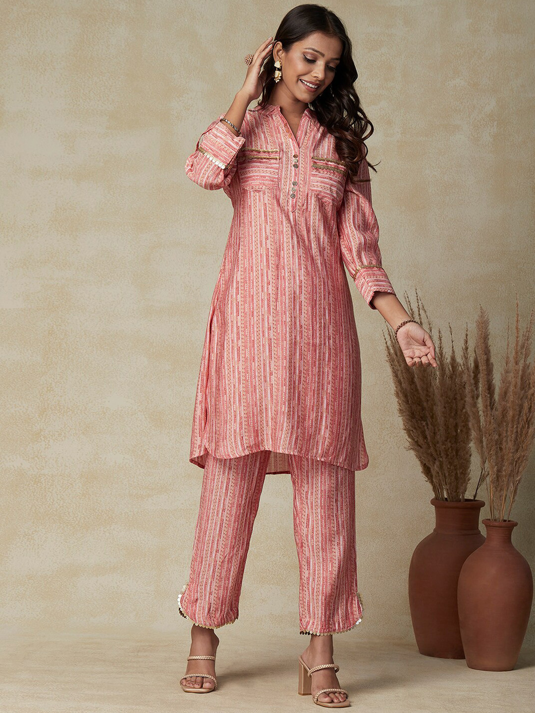 

FASHOR Peach-Coloured Striped Sequinned Detailed Pathani Kurta with Trousers