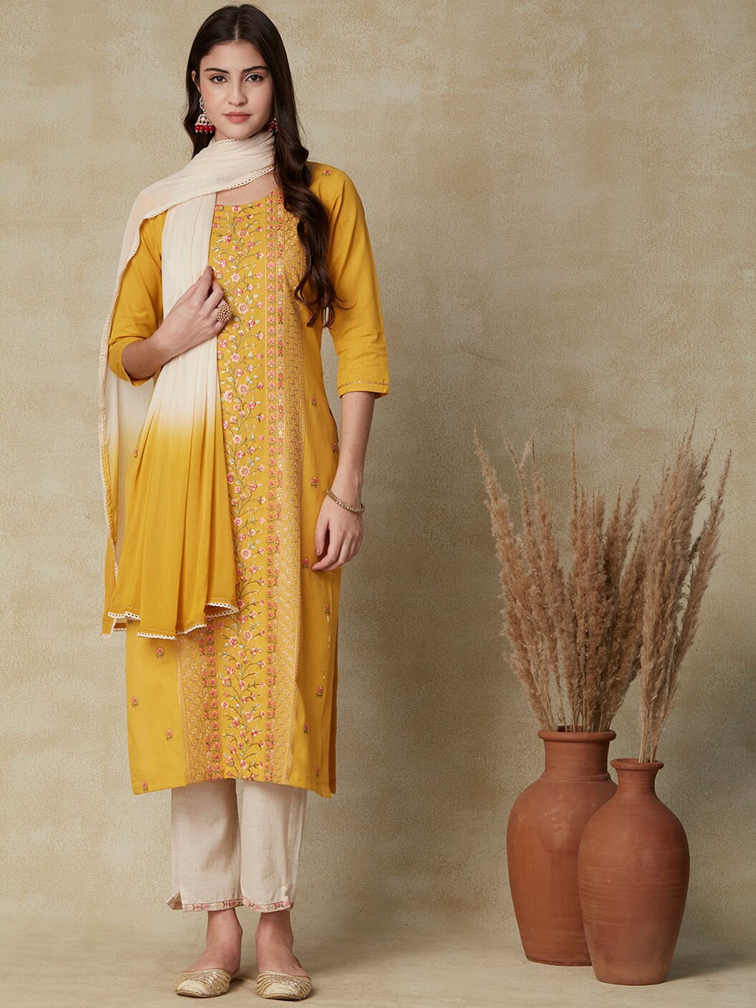 

FASHOR Yellow Floral Embroidered Thread Work Pure Cotton Kurta With Trousers & Dupatta