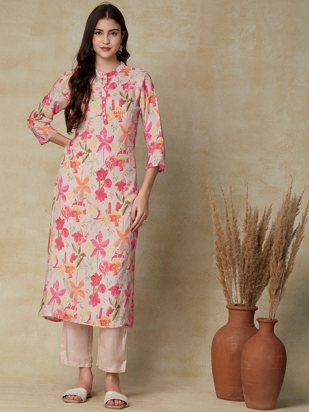 

FASHOR Beige Floral Printed Band Collar Thread Work Detailed Kurta with Trousers