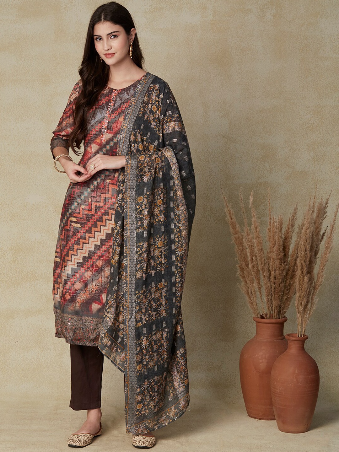 

FASHOR Brown Geometric Printed Thread Work Detailed Kurta & Trousers with Dupatta