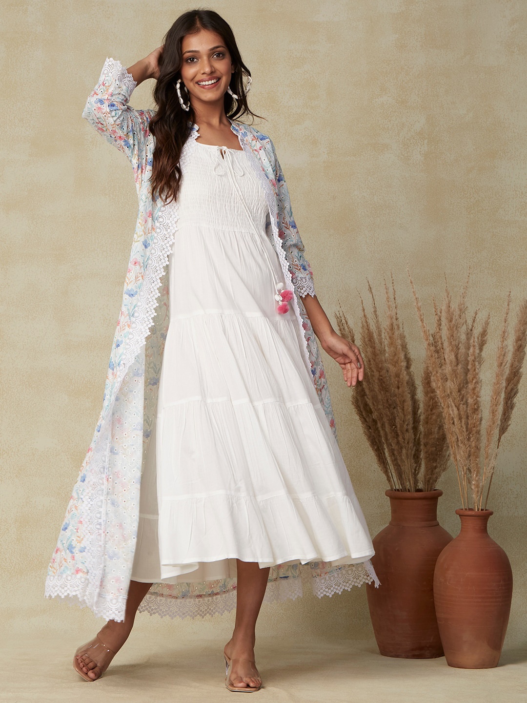 

FASHOR White & Blue Floral Printed Smocked & Tiered A-Line Dress