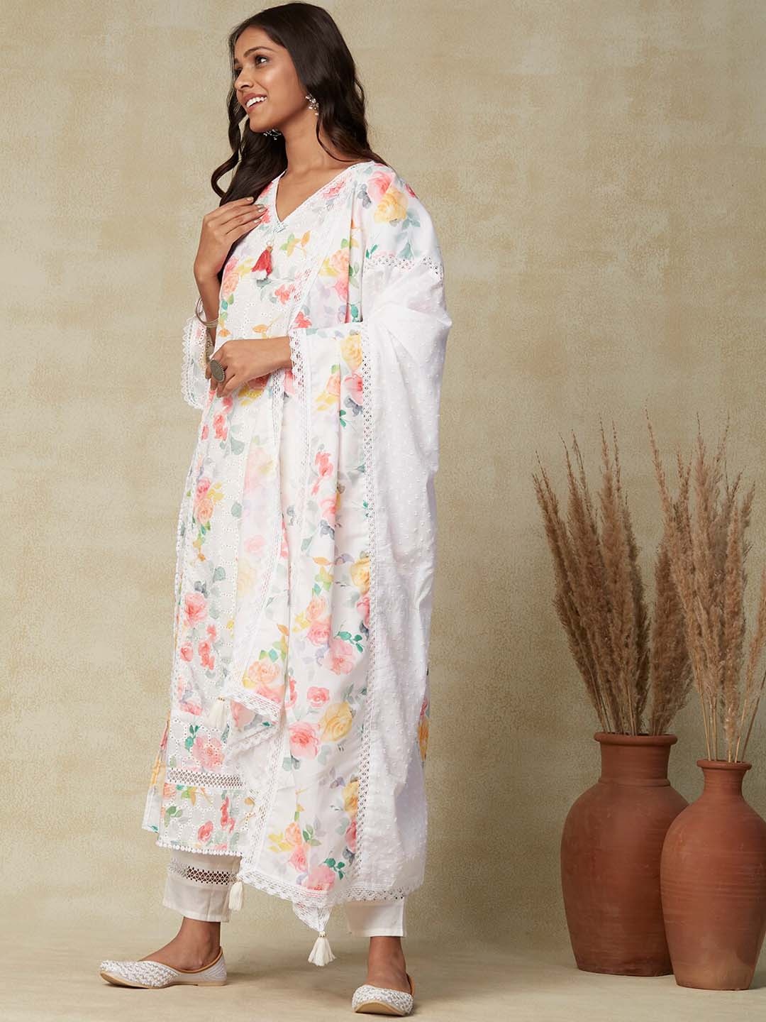 

FASHOR White Floral Printed V-Neck Lace Detailed Pure Cotton Kurta & Trousers with Dupatta