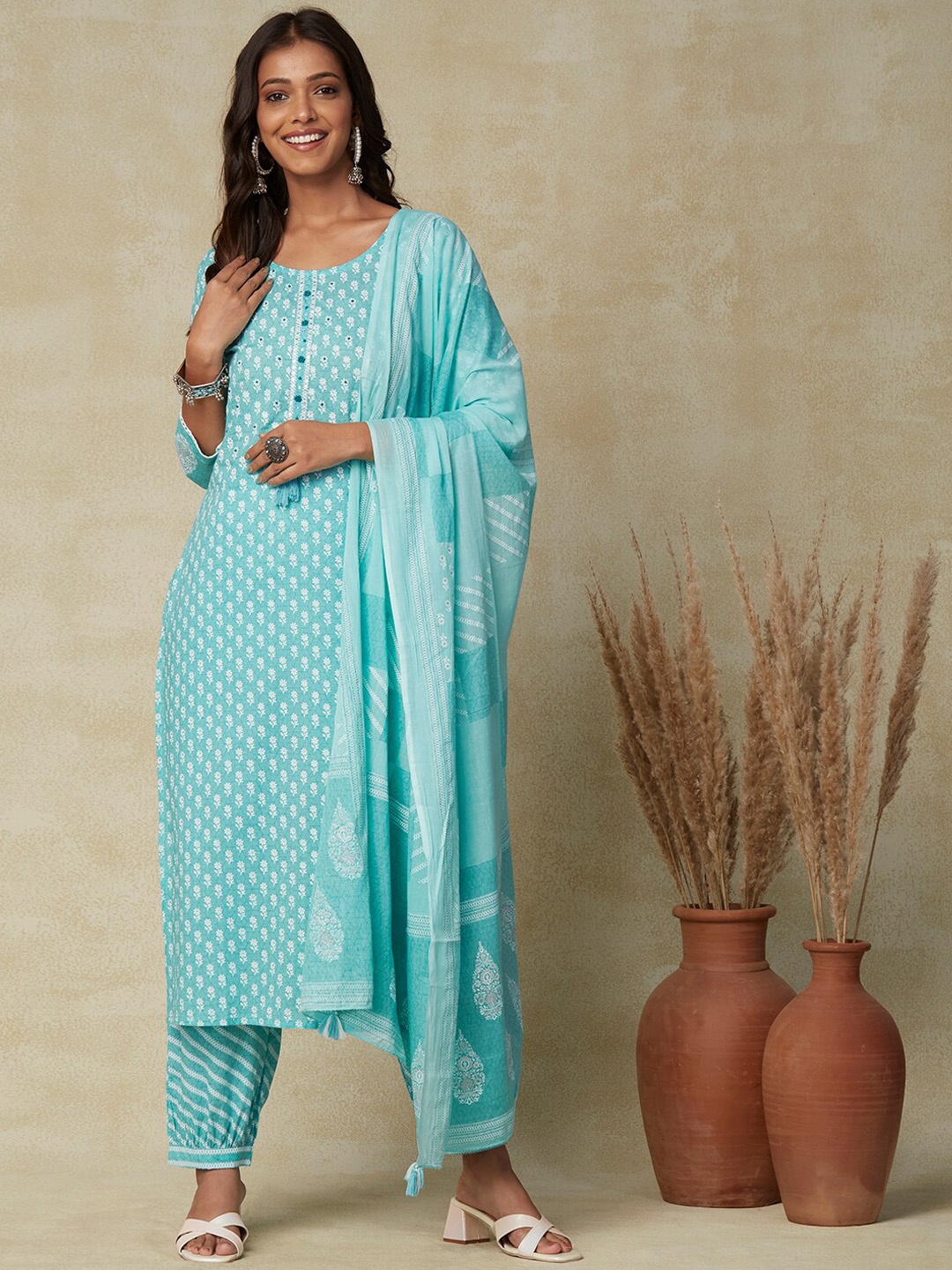 

FASHOR Blue Ethnic Motifs Printed Sequinned Pure Cotton Kurta & Trousers with Dupatta