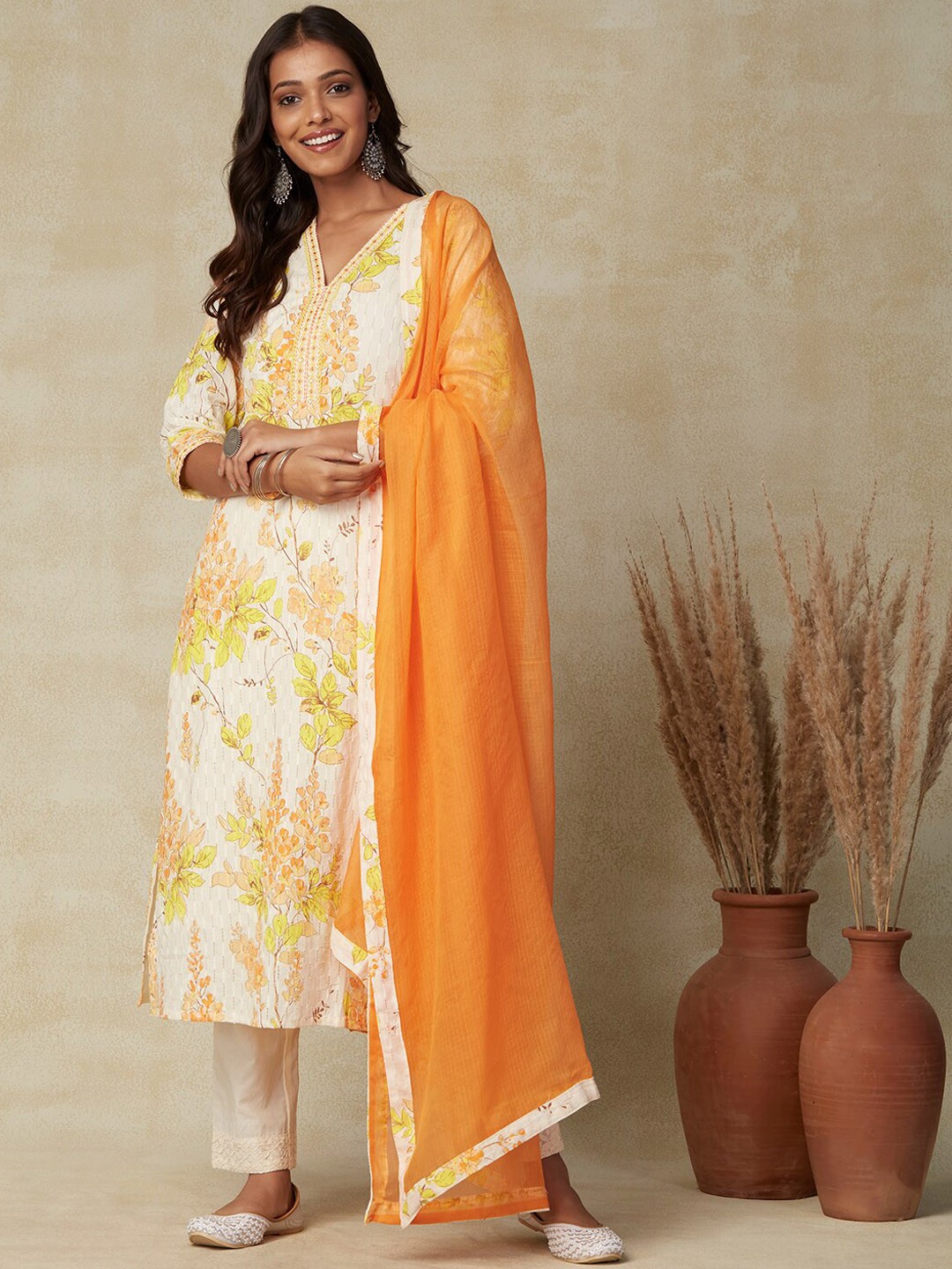 

FASHOR Off White Floral Printed Sequinned Pure Cotton Kurta & Trousers with Dupatta