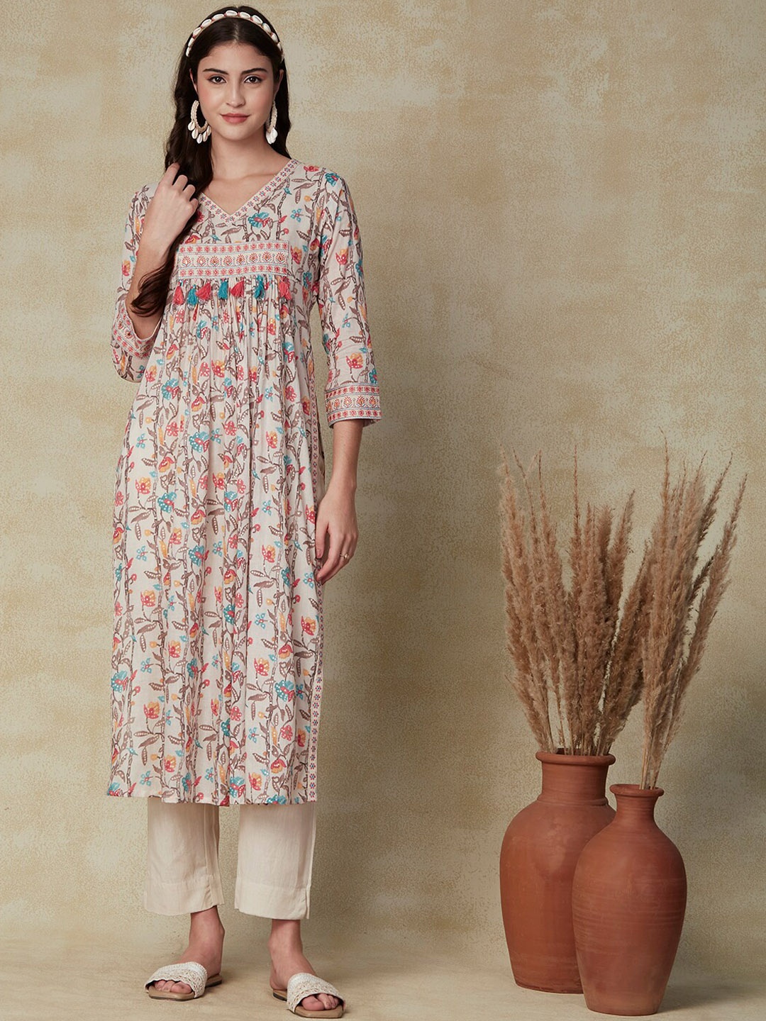

FASHOR Off White Floral Printed Mirror Work Detailed Pleated Pure Cotton Kurta & Trousers