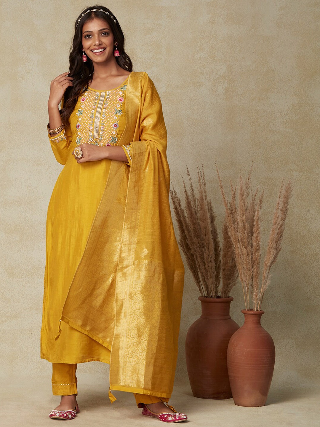 

FASHOR Mustard Yellow Round Neck Thread Work Detailed Kurta & Trousers with Dupatta