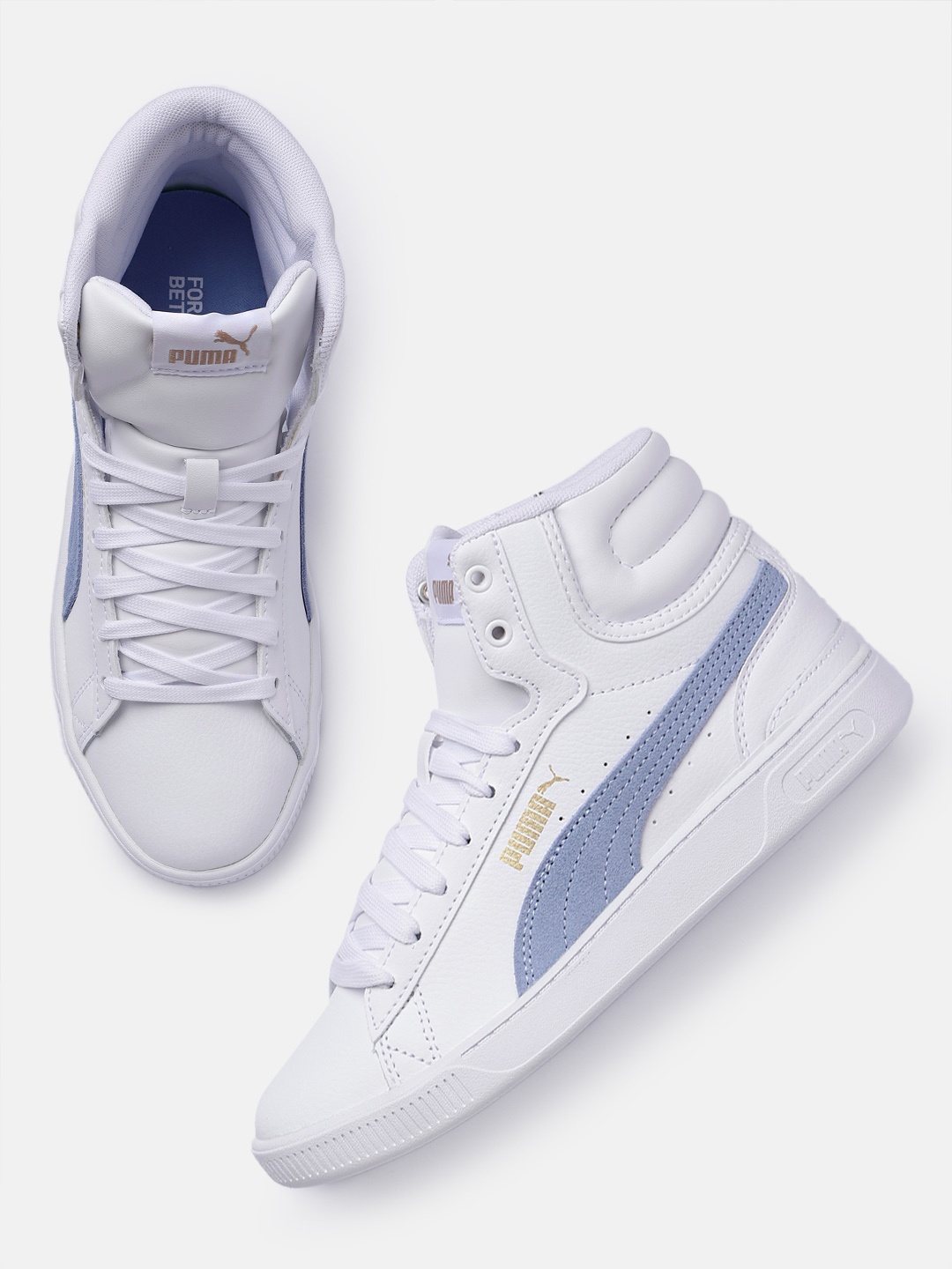 

Puma Women Solid Vikky v3 Leather Mid-Top Sneakers With Minimal Perforations Detail, White