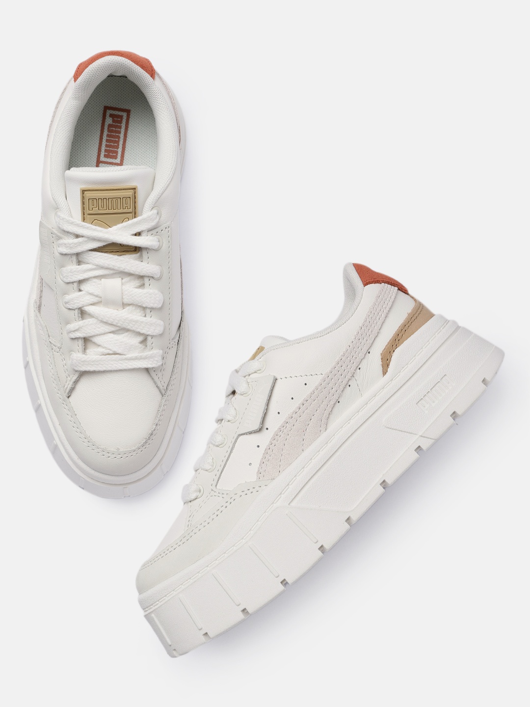 

Puma Women Perforations Mayze Stack Luxe Leather Sneakers With Colourblocked Detail, White