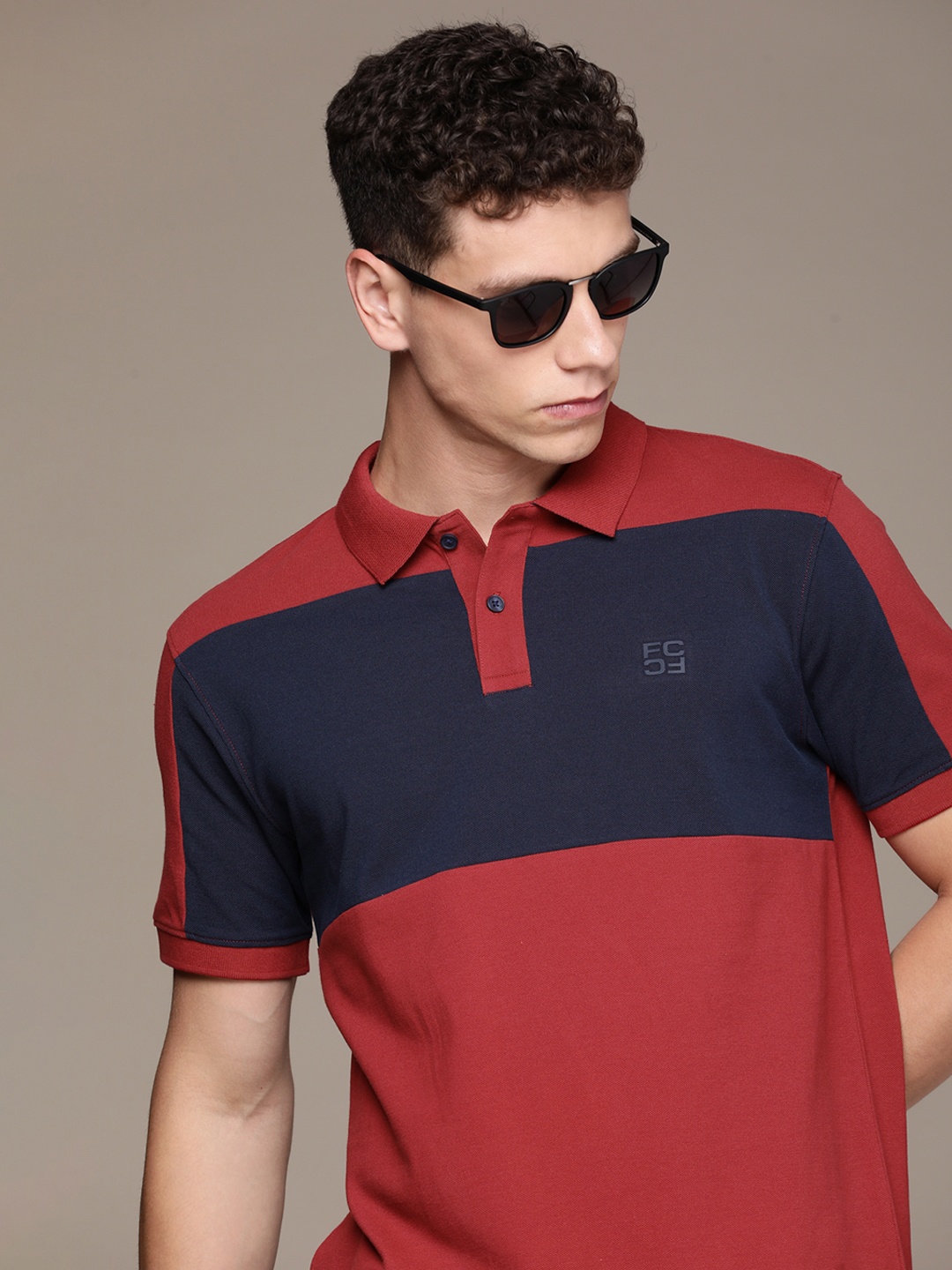 

French Connection Colourblocked Polo Collar Pure Cotton T-shirt, Navy blue