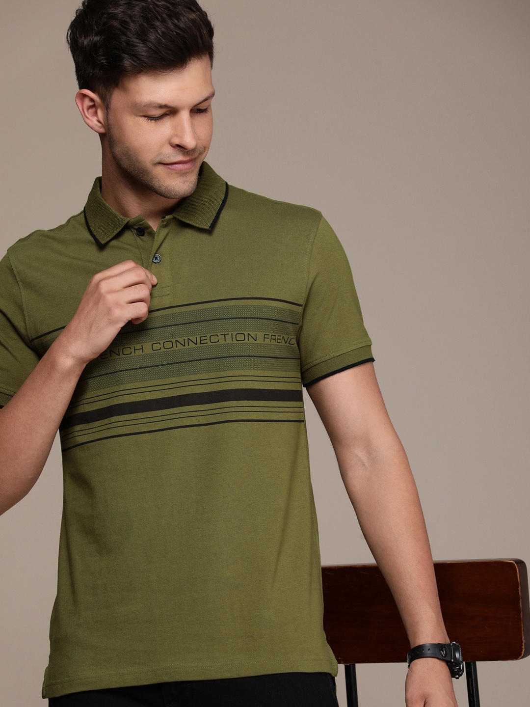 

French Connection Brand Logo Printed Polo Collar Pure Cotton T-shirt, Olive