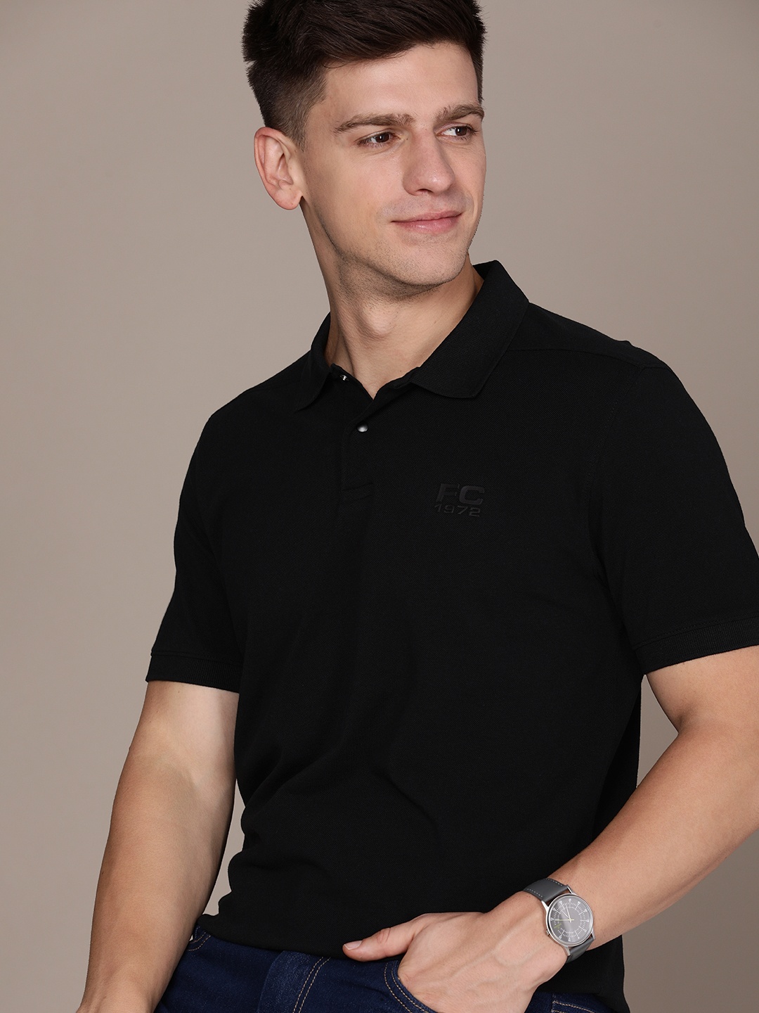 

French Connection Men Black & insignia blue Polo Collar Pure Cotton T-shirt