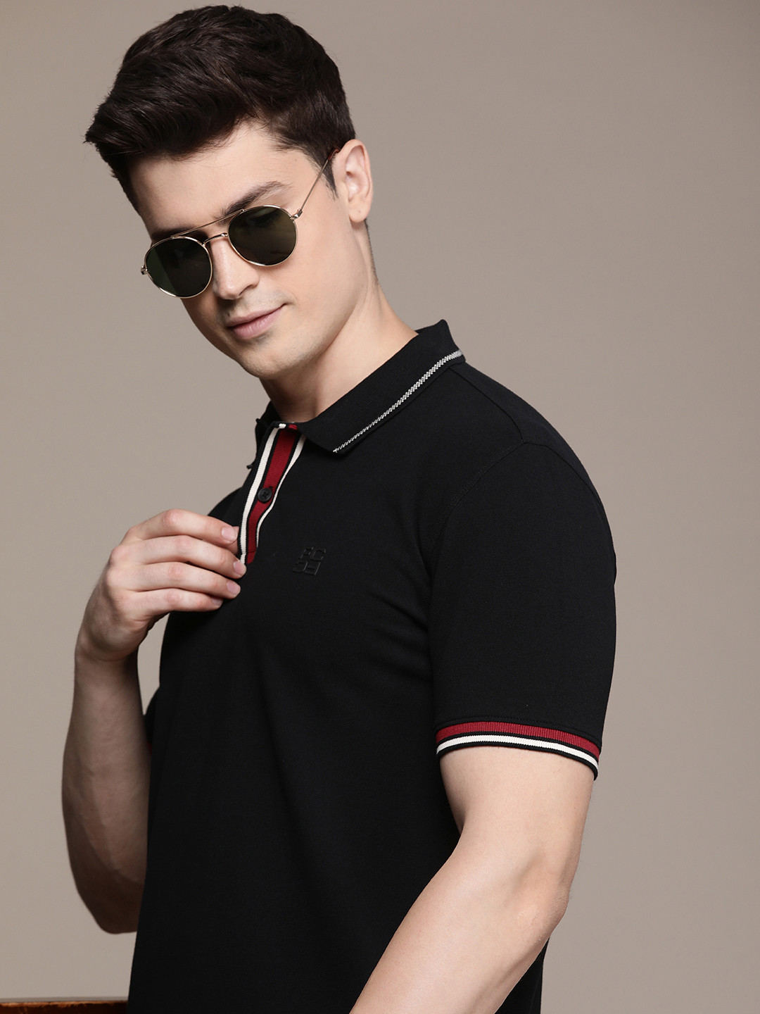 

French Connection Polo Collar Pure Cotton T-shirt, Black