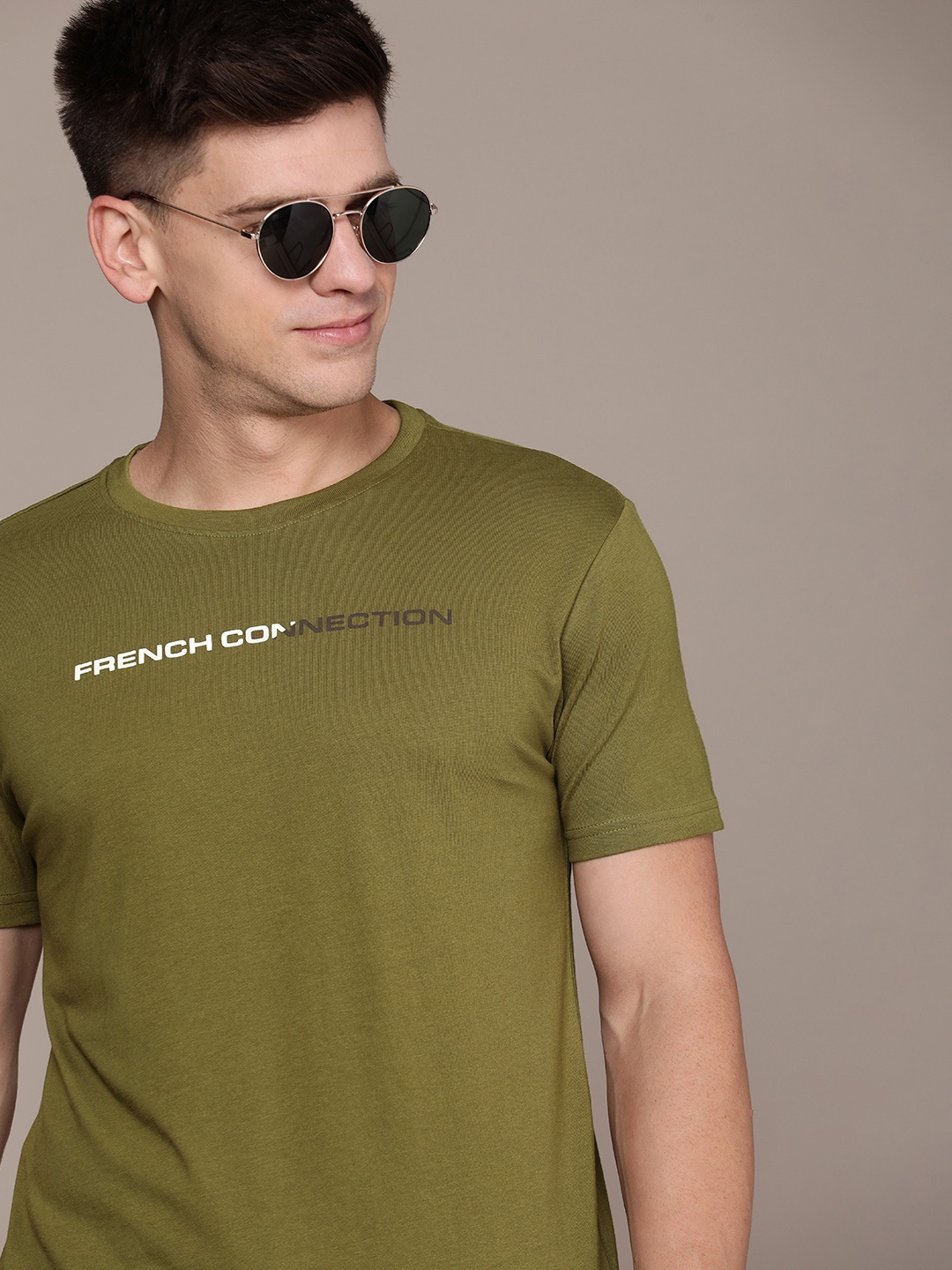 

French Connection Brand Logo Printed Pure Cotton T-shirt, Olive