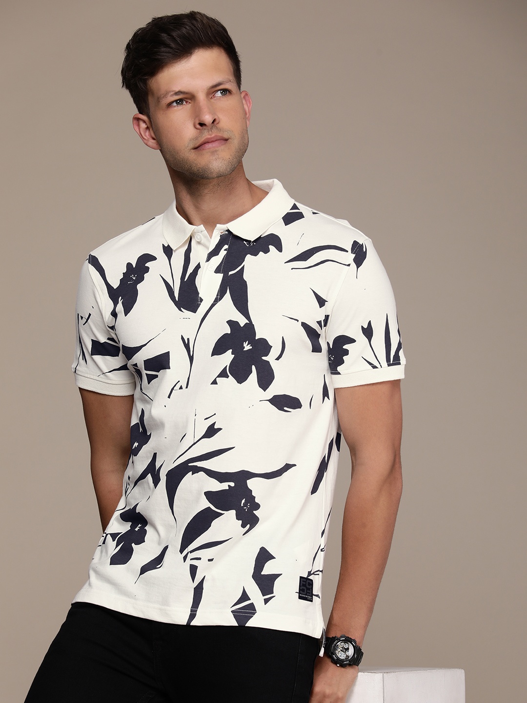 

French Connection Printed Polo Collar Pure Cotton T-shirt, White